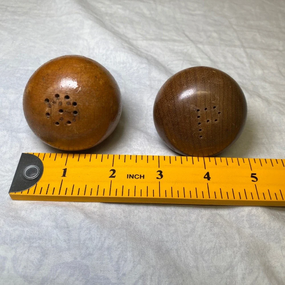 Vintage Hand Turned Wooden Ball Salt Pepper Shaker Set Round Globe Mid Century